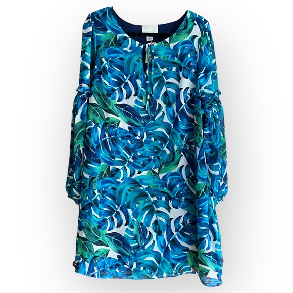 NWT ANTHROPOLOGIE Chloe Oliver Turquoise Tropical Palm Swing Dress size Medium - Picture 3 of 11